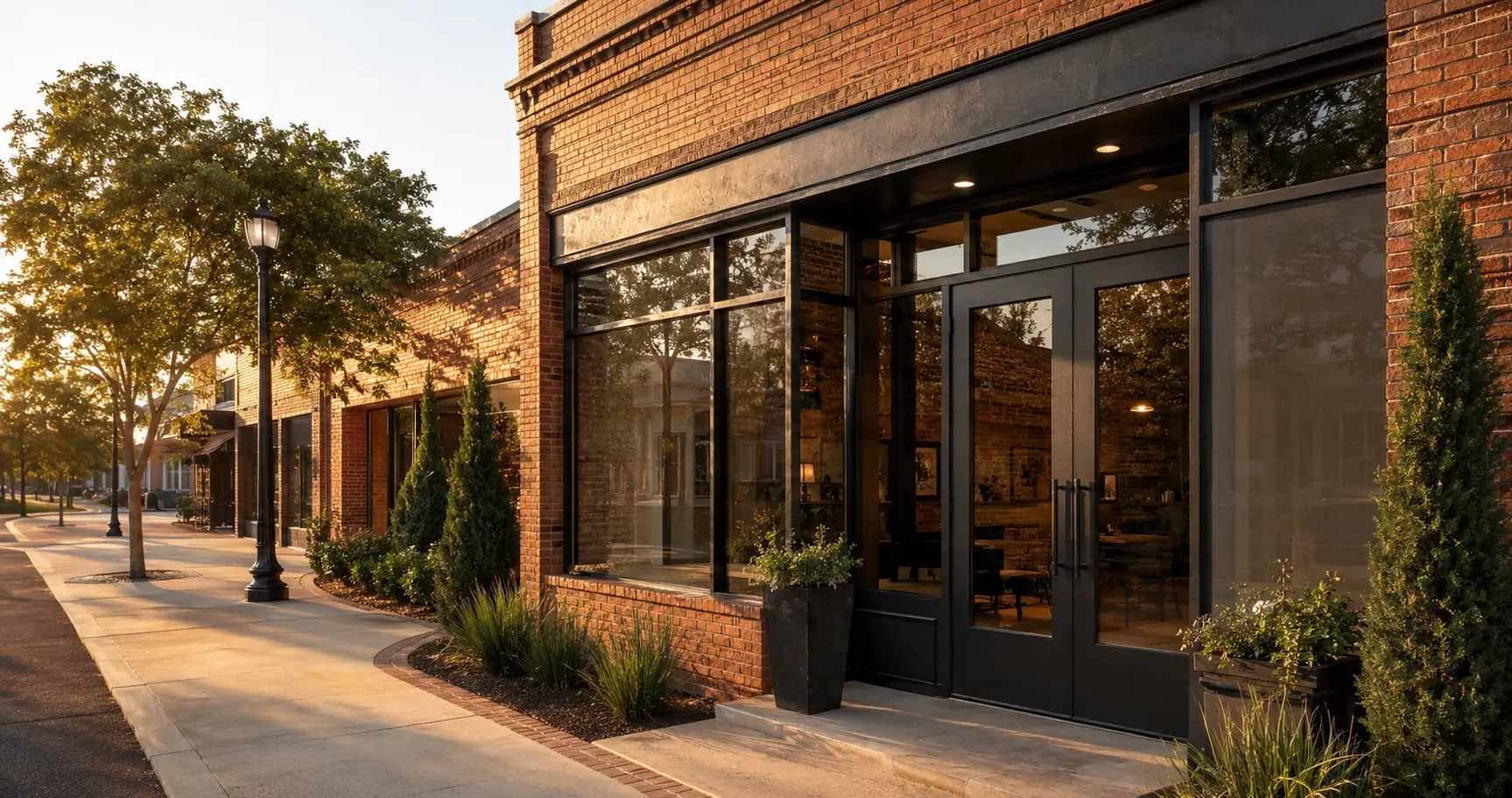 Clean, well-maintained brick commercial storefront and entryway