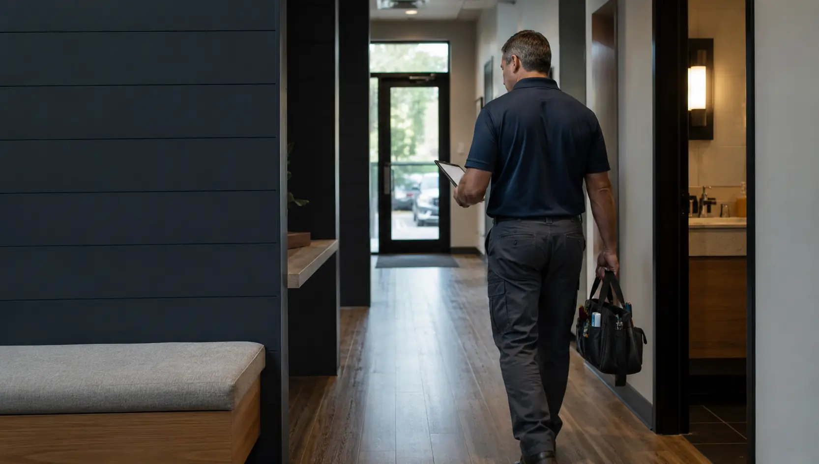 Scheduled commercial property walkthrough inside a working business