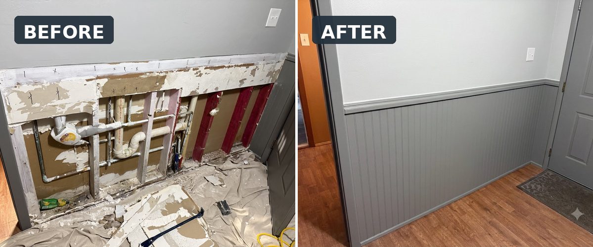 Before-and-after wall repair with new wainscoting and finished trim