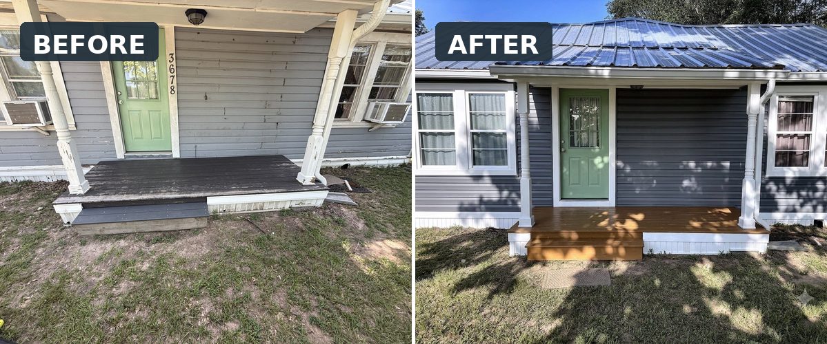 Before-and-after exterior porch repaint with repaired trim and a new finish