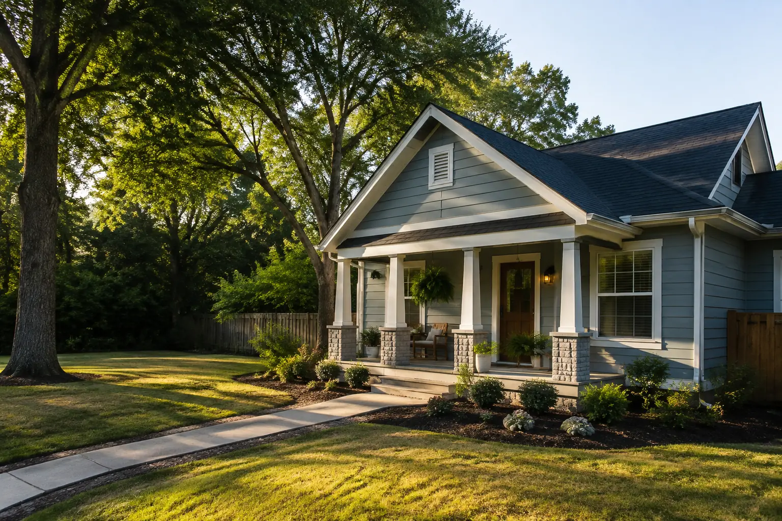 Well-kept East Texas home exterior with porch and mature shade trees