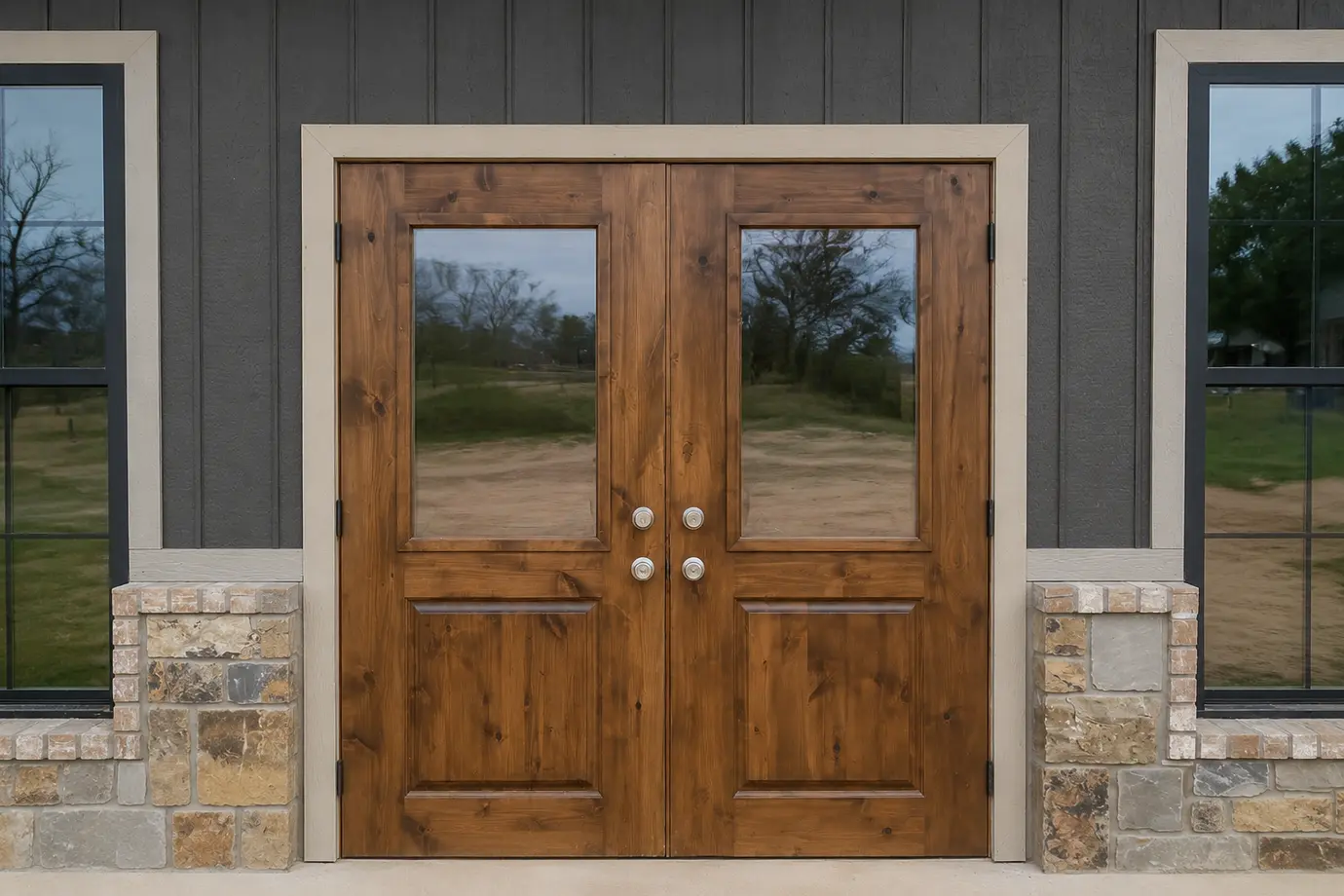 Straight-on view of stained double entry doors finished by Guess Company